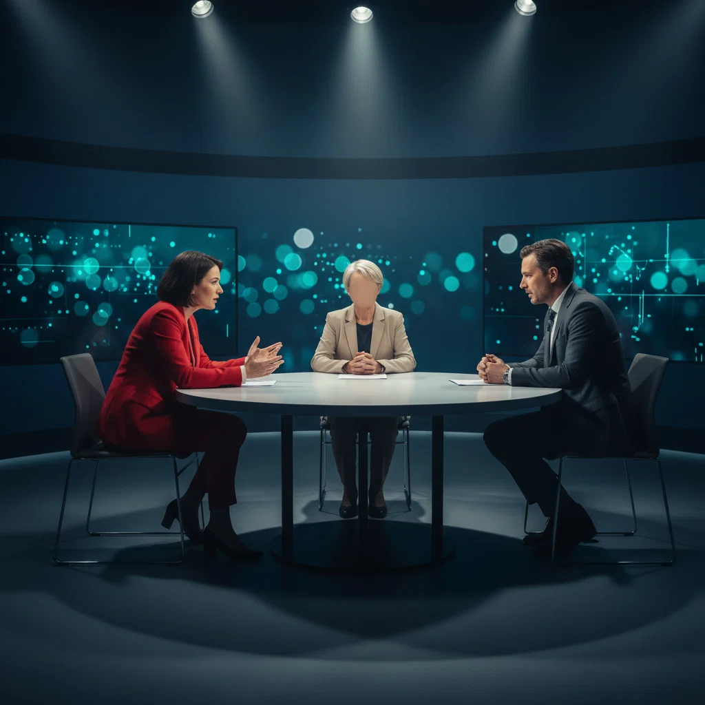 Debate educacional sobre tecnologia bancária em estúdio de TV